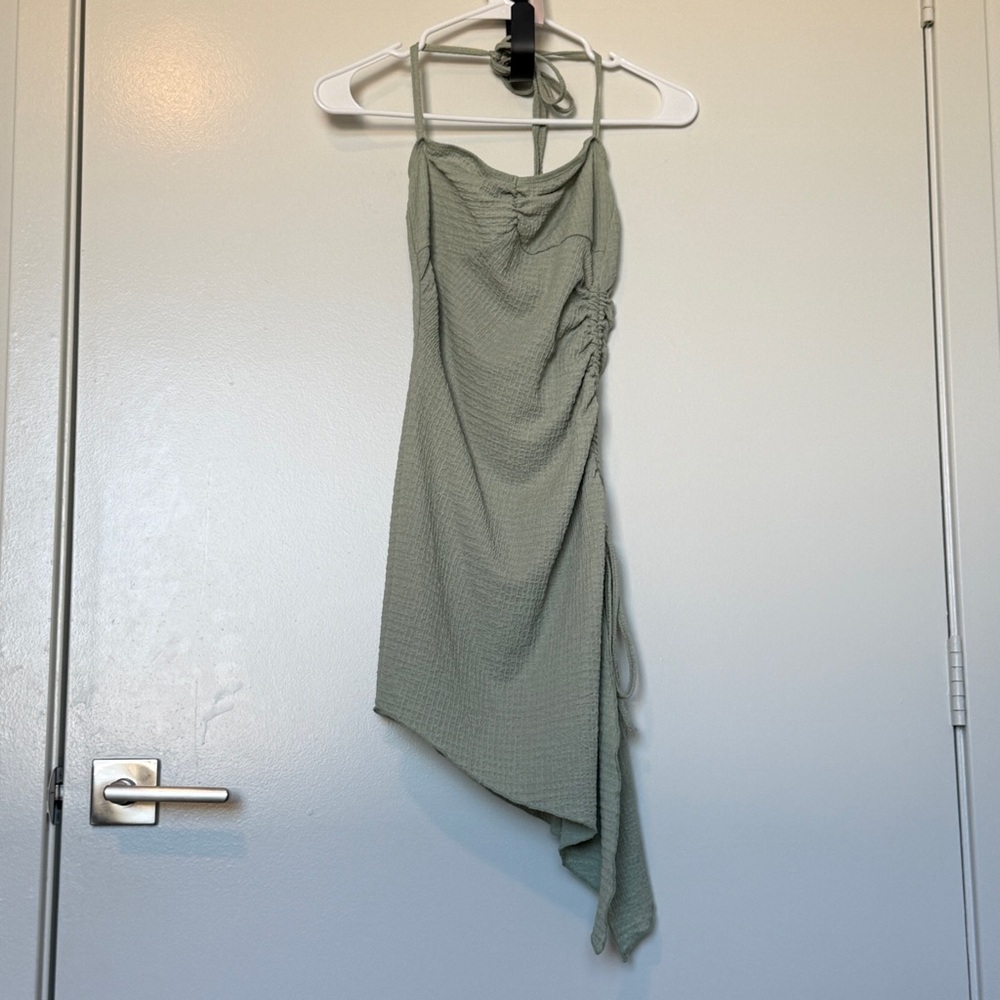 Adjustable Tie-Strap Sage Green Asymmetric Summer Dress